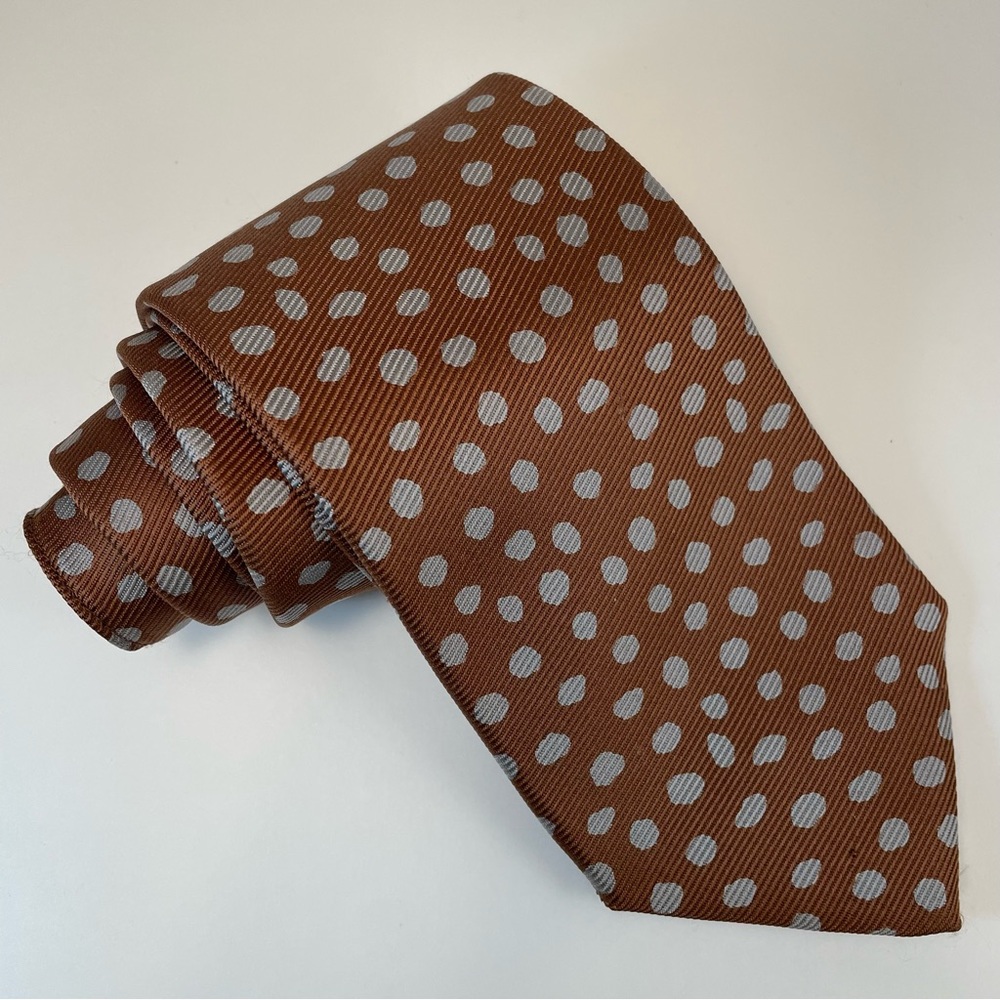 SULKA Men's Tie 100% Silk Made In France Brown w/ Silver Dots 58"-3"3/4 Vintage